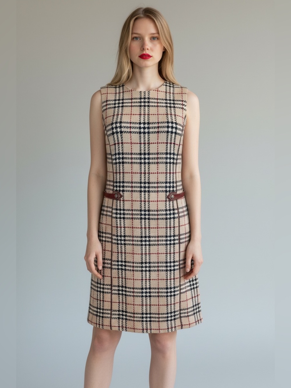 Burberry Beige Plaid Sleeveless Midi Dress with Black & Red Windowpane
